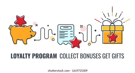 Loyalty Program banner with colored line flat icons. collect bonuses get gifts. Customer rewards with bonuses. Gift, exchange points, loyalty card. isolated vector illustration