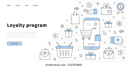 Loyalty program banner with doodle gift boxes, mobile phone, shopping cart, discount card and stars. Vector landing page of customer reward, exclusive benefit and bonus for vip members