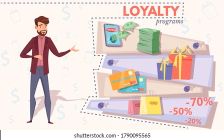 Loyalty program banner vector template. Male advertising agent, banker, seller flat character. Customer benefits illustration. Bonuses, gifts, sales concept. Announcing poster, flyer design idea