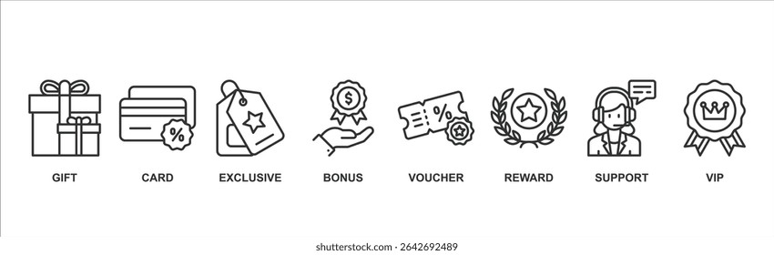 Programa de fidelidade banner web ícone vetor ilustração conceito com ícone de presente, cartão, exclusivo, bônus, voucher, recompensa, suporte, vip.