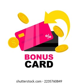 Loyalty program bonus card. Earn points and gold coins cash back income symbol. Reward points money bonus on credit bank card. Loyalty program and get rewards. Vector illustration