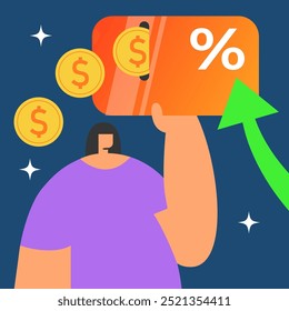 Loyalty program bonus card with Girl. Earn points and gold coins cash back. Flat vector illustration in cartoon style.