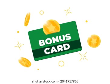 Loyalty program bonus green card. Purchase percent return customer service business sign. Earn points and gold coins cash back income symbol. Isolated vector eps illustration