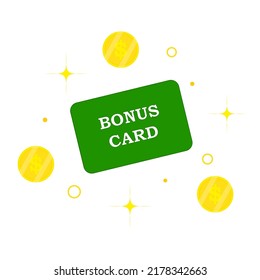 Loyalty program bonus green card. Purchase percent return customer service business sign. Earn points and gold coins cash back income symbol. Isolated vector eps illustration