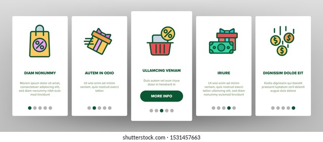 Loyalty Program Bonus Onboarding Mobile App Page Screen Vector Thin Line. Bag And Market With Percentage Mark, Present Gift And Wallet Loyalty Program Concept. Color Conour Illustrations