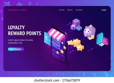 Loyalty program with bonus points isometric landing page. Service application for online shopping, credit card in store smartphone, gift boxes, bags, piggy bank and golden stars, 3d vector web banner