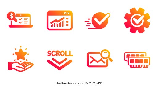 Loyalty program, Checkbox and Search mail line icons set. Online accounting, Web traffic and Scroll down signs. Cogwheel, Ram symbols. Bonus star, Approved. Technology set. Vector