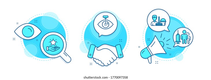 Loyalty program, Cleaning service and Medical vaccination line icons set. Handshake deal, research and promotion complex icons. Eye laser sign. Bonus star, Bucket with mop, Syringe vaccine. Vector