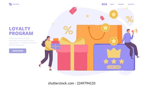 Loyalty program, club card, club membership, earning loyalty points  design concept for landing page. Flat vector illustration with tiny characters for  website, banner, hero image.