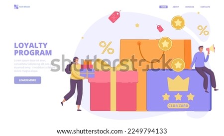 Loyalty program, club card, club membership, earning loyalty points  design concept for landing page. Flat vector illustration with tiny characters for  website, banner, hero image.