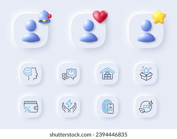 Loyalty program, Co2 gas and Savings tax line icons. Placeholder with 3d bell, star, heart. Pack of Wholesale goods, Safe energy, Lock icon. Like, Good mood pictogram. For web app, printing. Vector