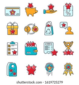 Loyalty Program colored line icons set. Customer rewards with bonuses. Gift promotion, discount coupons, bonus growth, exchange for money and presents, loyalty card. isolated vector illustration