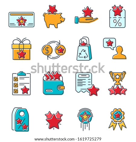 Loyalty Program colored line icons set. Customer rewards with bonuses. Gift promotion, discount coupons, bonus growth, exchange for money and presents, loyalty card. isolated vector illustration