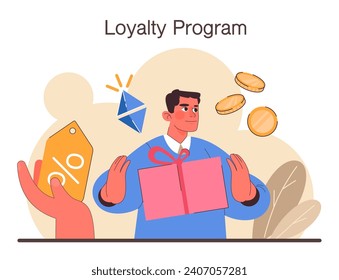 Loyalty program. Commercial program for client retention. PR campaign for customer loyalty. Marketing promotion. Flat vector illustration