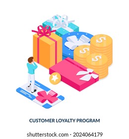 С concepto de programa de fidelización de clientes. Bonos y regalos para tus clientes favoritos. Isometric vector ilustración en fondo blanco