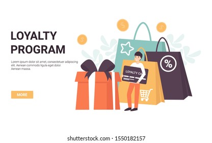 Loyalty program concept. Character man with a card in his hands. Bonuses, sales, gifts, online shopping. Flat vector cartoon illustration.