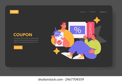 Loyalty Program Concept. Customers engaging with a digital coupon system for rewards and discounts. Engaged shopping audience, enticing deals promotion. Vector illustration.