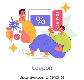 Loyalty program concept. Customers engaging in a rewards system, with vibrant discount icons and coupons. Creating and redeeming special offers. Vector illustration.