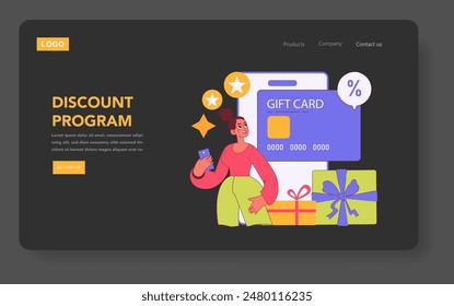 Loyalty Program concept. A delighted customer engages with a rewards interface offering gift cards and discounts. Exclusive perks for member shopping experience. Vector illustration.