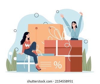 Concepto de programa de fidelidad. Chicas entre grandes cajas. Afiche publicitario o banner para el sitio web. Descuentos y ofertas especiales, promociones. Las novias compran regalos en línea. Dibujo vectorial plano de dibujos animados