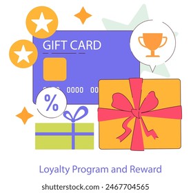Loyalty Program concept. Illustration of a gift card, rewards, and discounts for customer retention strategies. Engagement through incentives. Vector illustration.