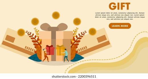 Loyalty program concept. People get gifts and gifts from the shop, bonus points, discounts. Flat vector illustration for promotion, e-commerce, sales, marketing technique, digital marketing.