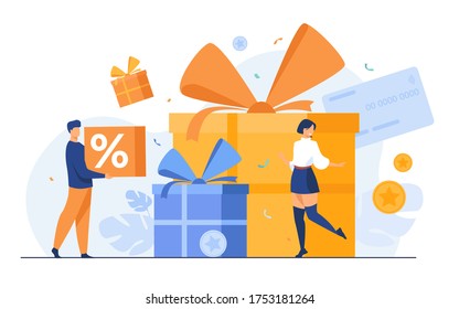 Loyalty program concept. People getting gifts and rewards from store, bonus points, discount. Flat vector illustration for promotion, commerce, sale, marketing topics