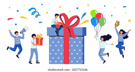 Loyalty program concept People getting gifts and rewards from store Bonus points Reward productive efficient work Profit or digital referral program Customer service business Tiny people with big box