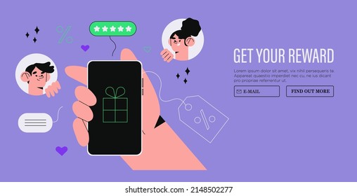 Loyalty program concept. People getting gifts and rewards from store, bonus points, discount. Vector illustration for promotion, commerce, sale, marketing banner, landing web page or social media ads.