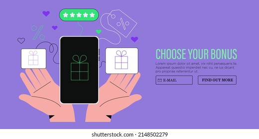 Loyalty program concept. People getting gifts and rewards from store, bonus points, discount. Vector illustration for promotion, commerce, sale, marketing banner, landing web page or social media ads.