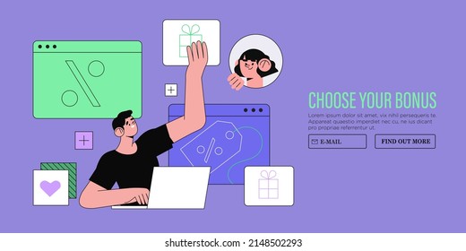 Loyalty program concept. People getting gifts and rewards from store, bonus points, discount. Vector illustration for promotion, commerce, sale, marketing banner, landing web page or social media ads.