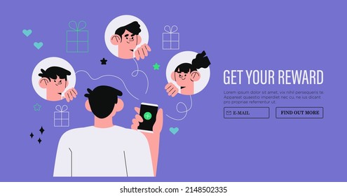 Loyalty program concept. People getting gifts and rewards from store, bonus points, discount. Vector illustration for promotion, commerce, sale, marketing banner, landing web page or social media ads.