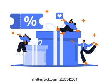 Concepto de programa de fidelidad. Gente recibiendo regalos y recompensas de la tienda, puntos de bonificación, descuento. Ilustración vectorial plana