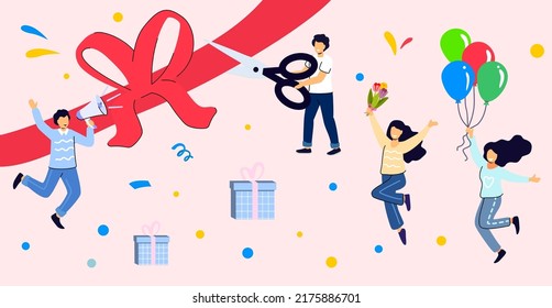 Loyalty program concept Ribbon cutting ceremony Boss with scissors People getting gifts and rewards Bonus points Reward productive efficient work Profit or digital referral program Vector illustration
