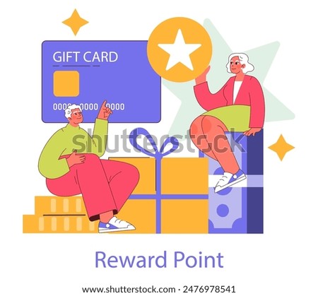Loyalty Program Concept. Shoppers enjoy benefits from a rewards system with a large gift card and coins. Engaging customers with incentives. Vector illustration.