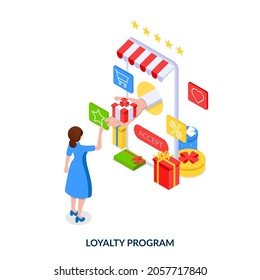 Loyalty program concept. Special conditions for regular customers. Bonuses and gifts for regular buyers. Isometric vector illustration on white background