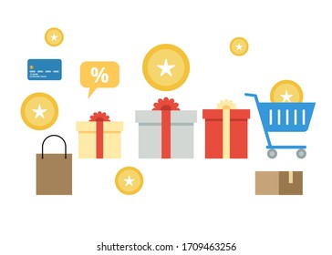 Loyalty program concept vector. Customer rewards concept. Shopping cart, reward point, redeem gift on white background. Business and marketing. Flat illustration.