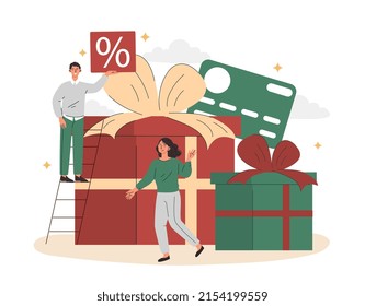 Loyalty program concept. Young male and female consumers receive gifts and special offers from stores. Bonus programs and sales for buyers. Marketing and advertising. Cartoon flat vector illustration