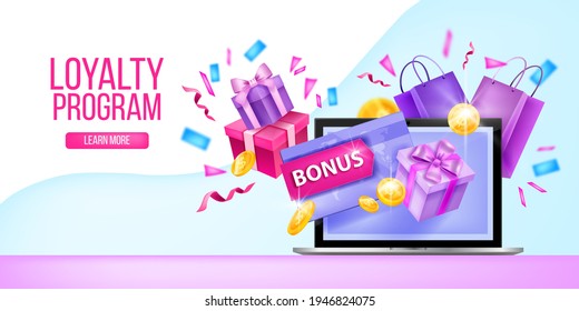 Loyalty program, customer gift card, internet reward vector landing page, laptop, present box, confetti. VIP client discount points illustration, online shopping, sale banner. Loyalty program voucher 