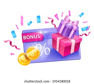 Loyalty program, customer gift card vector bonus illustration, golden coins, present box, confetti. Client reward, cashback web discount, e-commerce marketing isolated concept. Loyalty program voucher