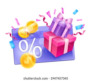 Loyalty program, customer gift reward bonus card vector illustration, present box, gold coins, confetti. Online shopping discount, sale client voucher design. Loyalty program, cash back advertisement