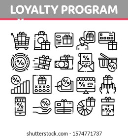 Loyalty Program For Customer Icons Set Vector Thin Line. Human Silhouette And Present In Box Or Bag, Percent Mark And Money Loyalty Program Concept Linear Pictograms. Monochrome Contour Illustrations