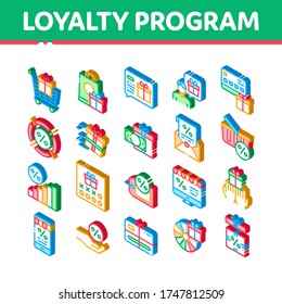 Programa De Lealtad Para El Vector De Juego De Iconos Del Cliente. Silhouette Humana Y Presente En Casilla O Bolsa, Porcentaje De Programa De Lealtad De Mono Isométrica Isométrica