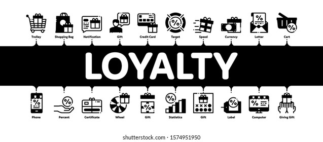 Loyalty Program For Customer Minimal Infographic Web Banner Vector. Human Silhouette And Present In Box Or Bag, Percent Mark And Money Loyalty Program Concept Illustrations