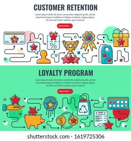 Loyalty Program and Customer Retention banners with colored line icons. Customer rewards with bonuses. Gift, discount coupons, bonus growth, exchange points, loyalty card. isolated vector illustration
