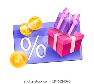 Loyalty program, customer reward gift card vector illustration, present box, golden coins. Client online shopping discount bonus points concept, e-commerce sale VIP voucher. Loyalty program design