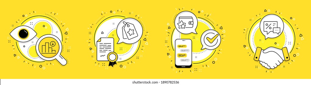 Loyalty program, Decreasing graph and Loyalty tags line icons set. Licence, cell phone and deal vector icons. Discounts sign. Bonus wallet, Crisis chart, Bonus reward. Best offer. Finance set. Vector