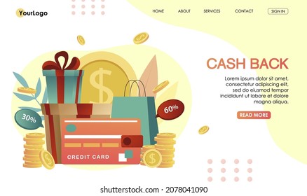 Concepto de diseño de programas de fidelidad. Servicio de devolución de efectivo en la aplicación móvil para smartphones, aplicación de pago por tarjeta de crédito en compras en línea. Sistema de bonos para devolver dinero. Ilustración del vector