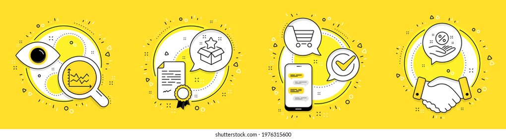 Loyalty program, Diagram chart and Market sale line icons set. Licence, cell phone and deal vector icons. Loan percent sign. Bonus star, Presentation graph, Customer buying. Discount hand. Vector