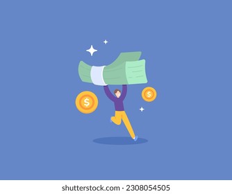 Loyalty Program. earn income from the internet. won the cash prize. Happy because of the big profits. The businessmen bring a wad of money. business and events. illustration concept design. vector